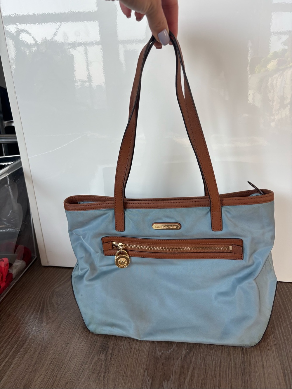 Michael Kors Light Blue Nylon Tote with Brown Leather Trim “Kempton” purse bag